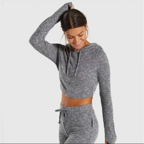 EUC Gymshark Women's Slounge Knit Crop Top Hoodie Grey Size XS Loungewear - Picture 1 of 11